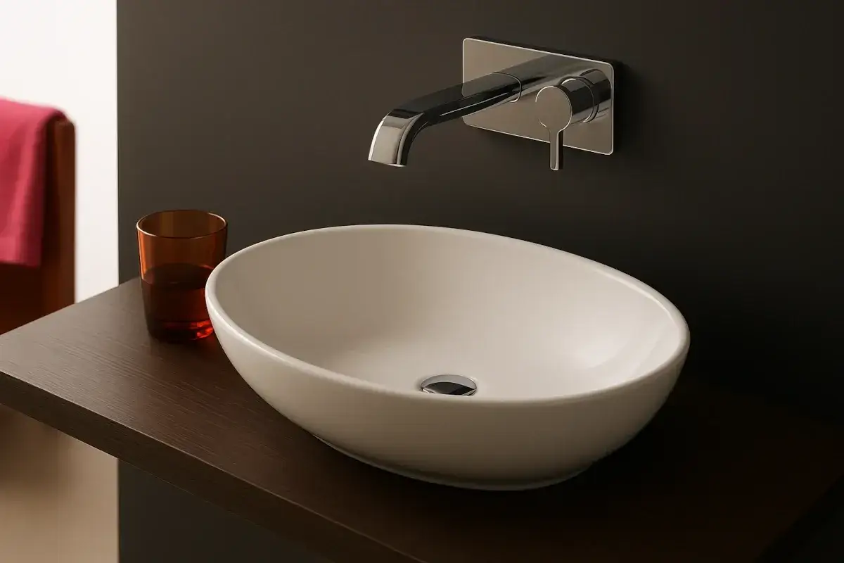 Elegancka, mała umywalka nablatowa 25 cm w nowoczesnej łazience. Obok szklanka z wodą.