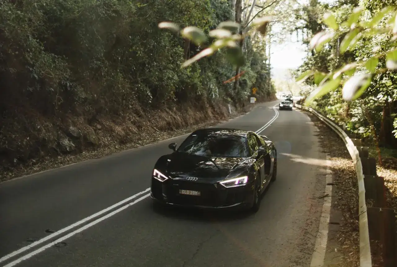 Czarny Audi R8 V10 sunie po krętej leśnej drodze, otoczony zielenią.