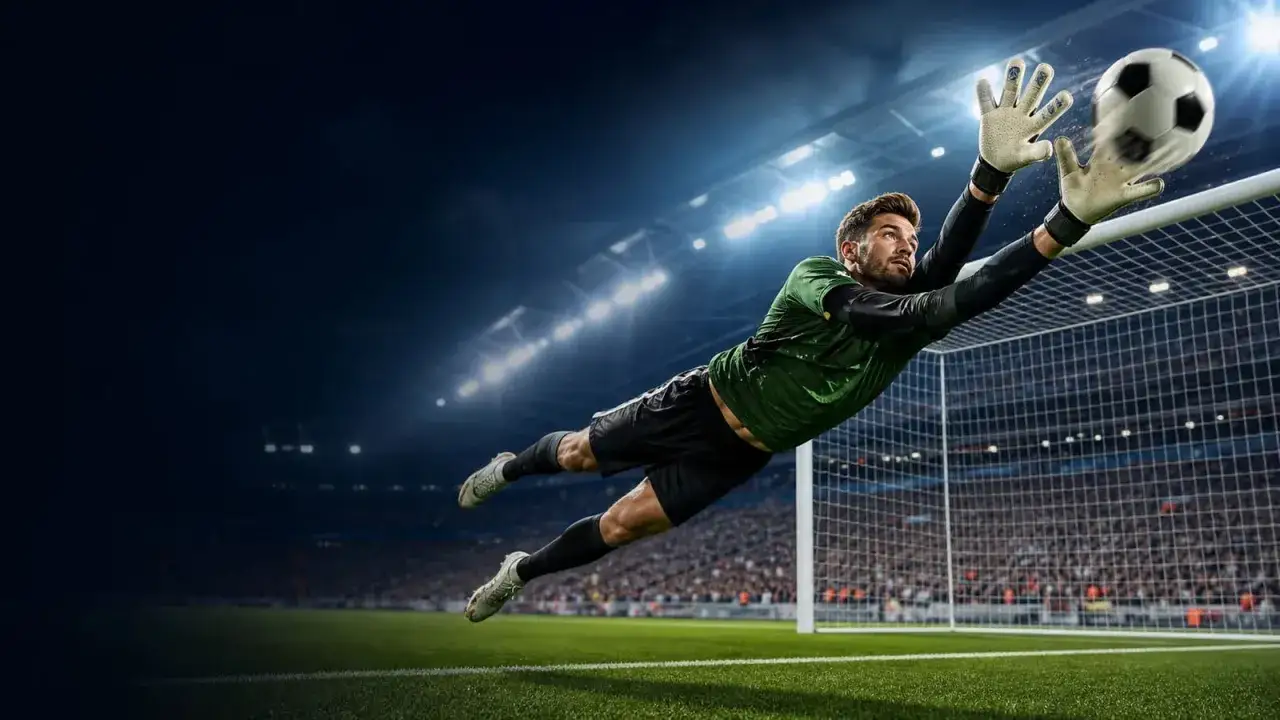 Portero en pleno vuelo detiene un penalti. ¡Vive el juego de penaltis en el móvil, en el navegador!