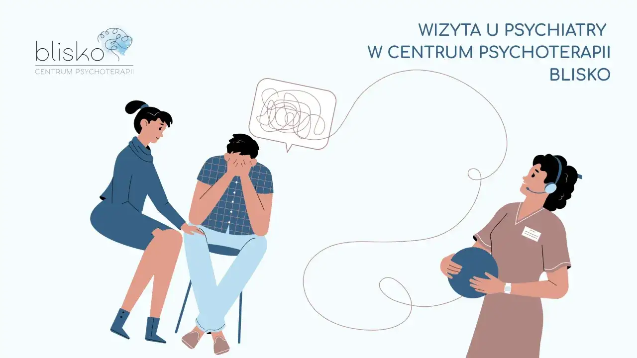 Ilustracja pokazuje, jak wygląda wizyta u psychiatry: osoba w trudnej sytuacji emocjonalnej otrzymuje wsparcie od terapeuty.