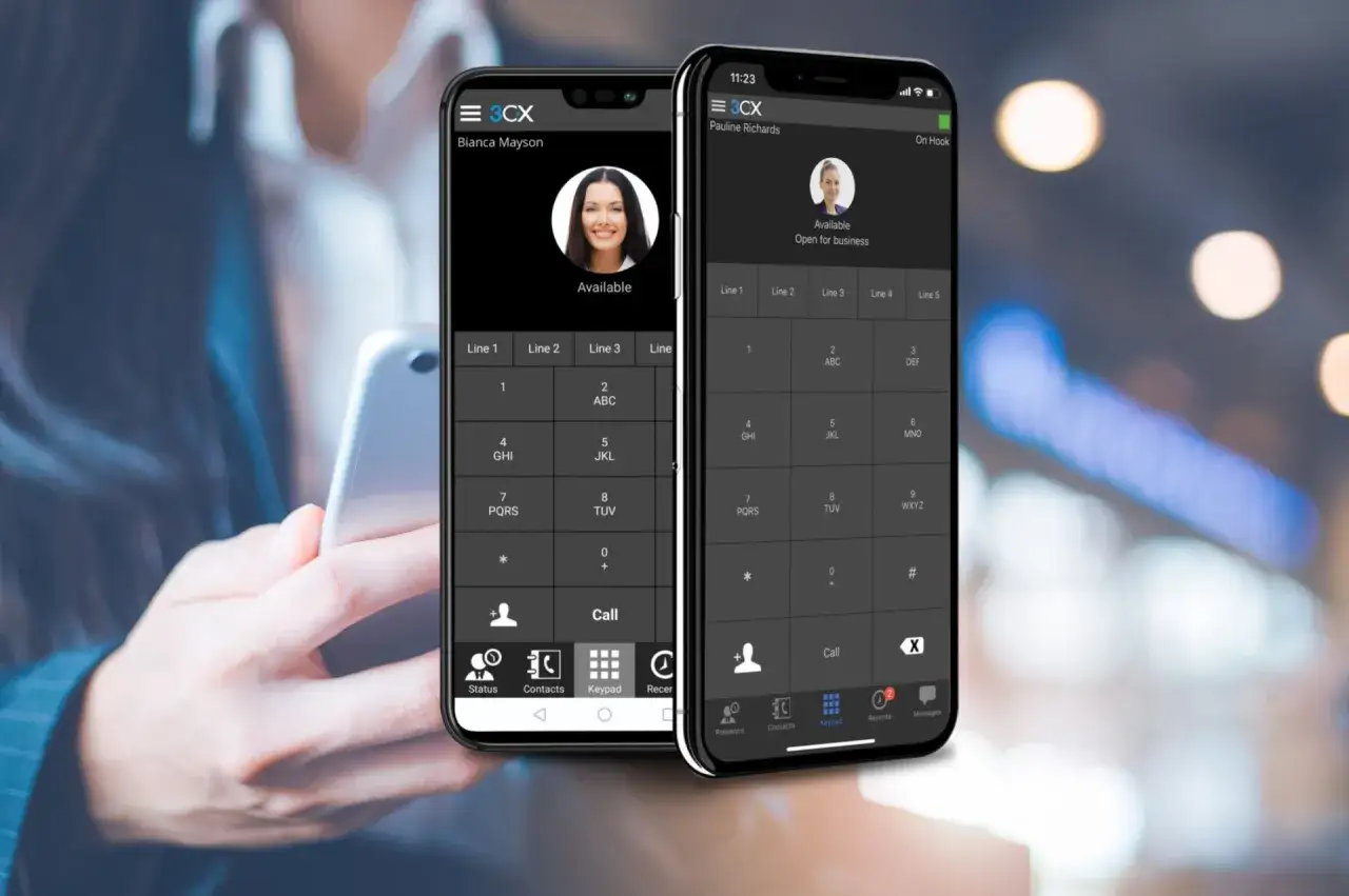 Telefon IP, który jest elementem sieci SIP, wyświetla interfejs aplikacji do komunikacji.