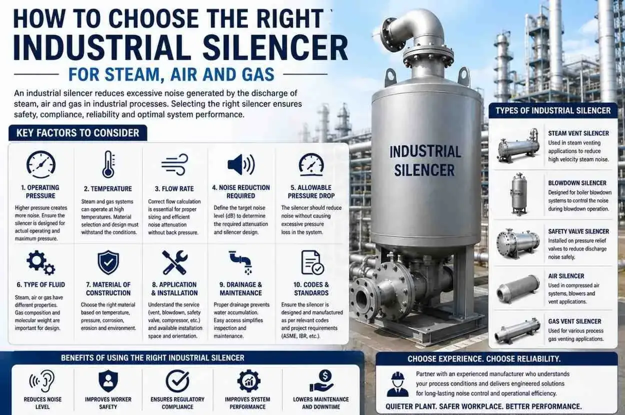 Silenciador industrial para vapor, aire y gas. Reduce el dba ruido excesivo, mejorando seguridad y rendimiento.