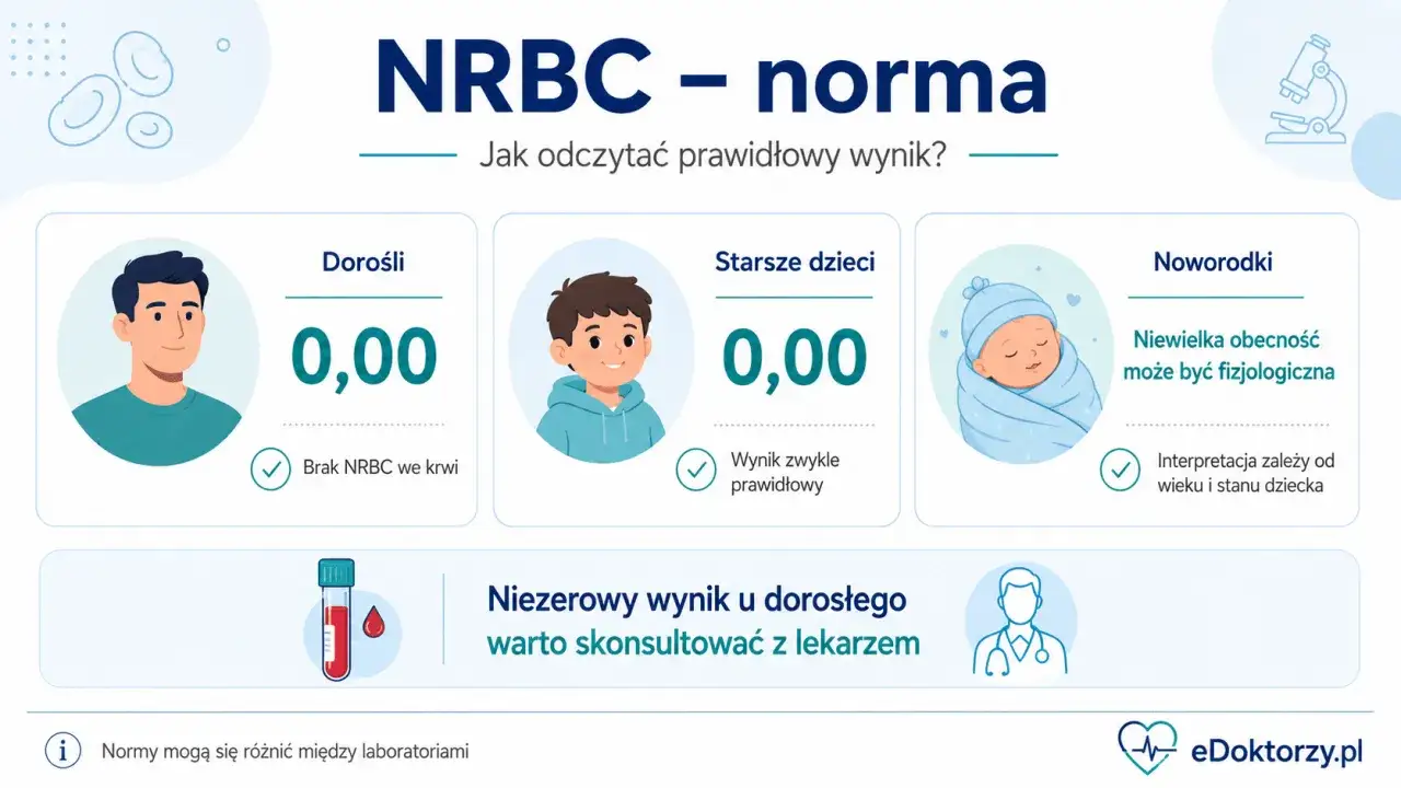 NRBC - norma: u dorosłych i starszych dzieci wynik 0,00 jest prawidłowy. U noworodków niewielka obecność może być fizjologiczna.