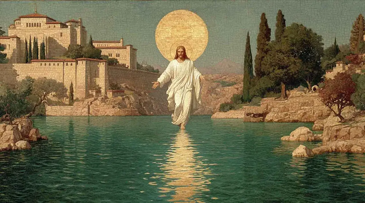 Jesus geht auf dem Wasser, ein strahlender Kreis hinter ihm. Die Szene erz&auml;hlt die Jesus Geschichte vor einer antiken Stadt und gr&uuml;nen H&uuml;geln.