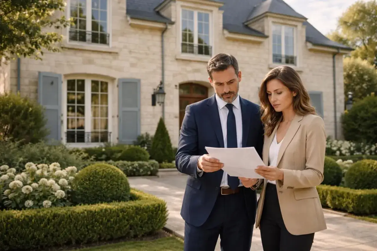 Couple examine plans for a **clause habitation bourgeoise Airbnb** in front of a grand house.