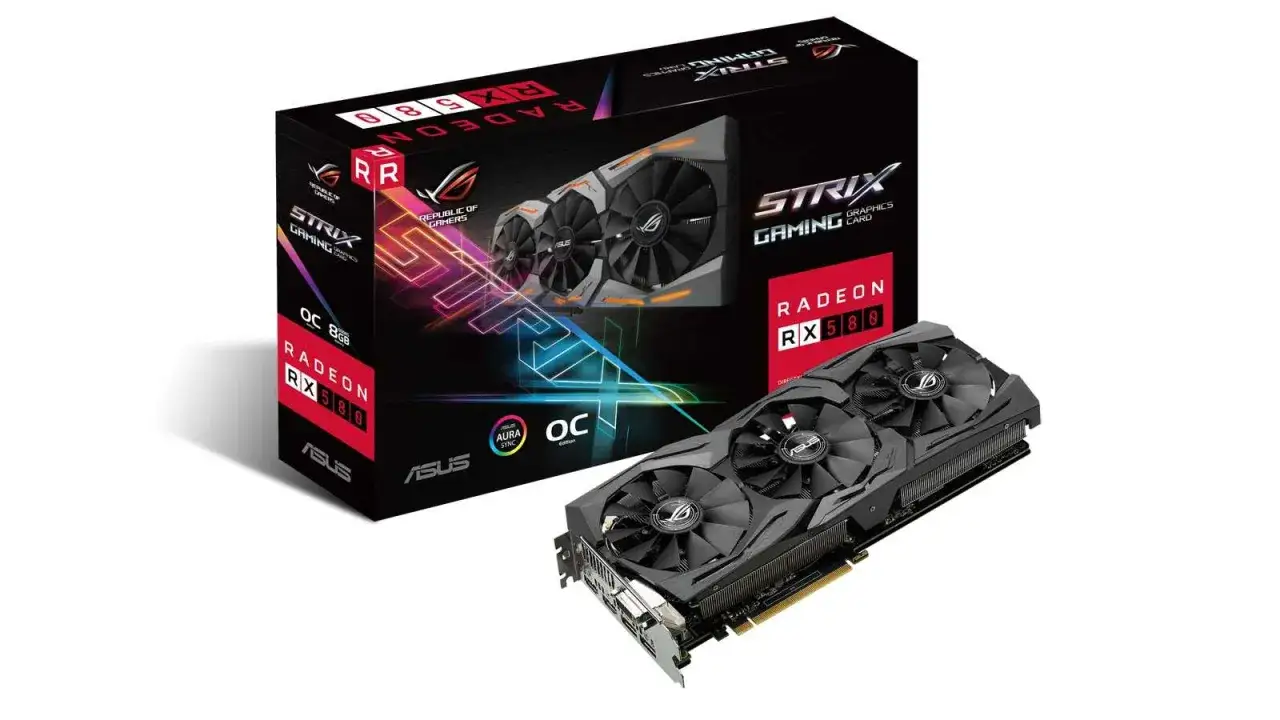 ASUS ROG Strix RX 580 Grafikkarte mit drei Lüftern und Verpackung. Der RX 580 Release Date war ein Meilenstein für Gamer.