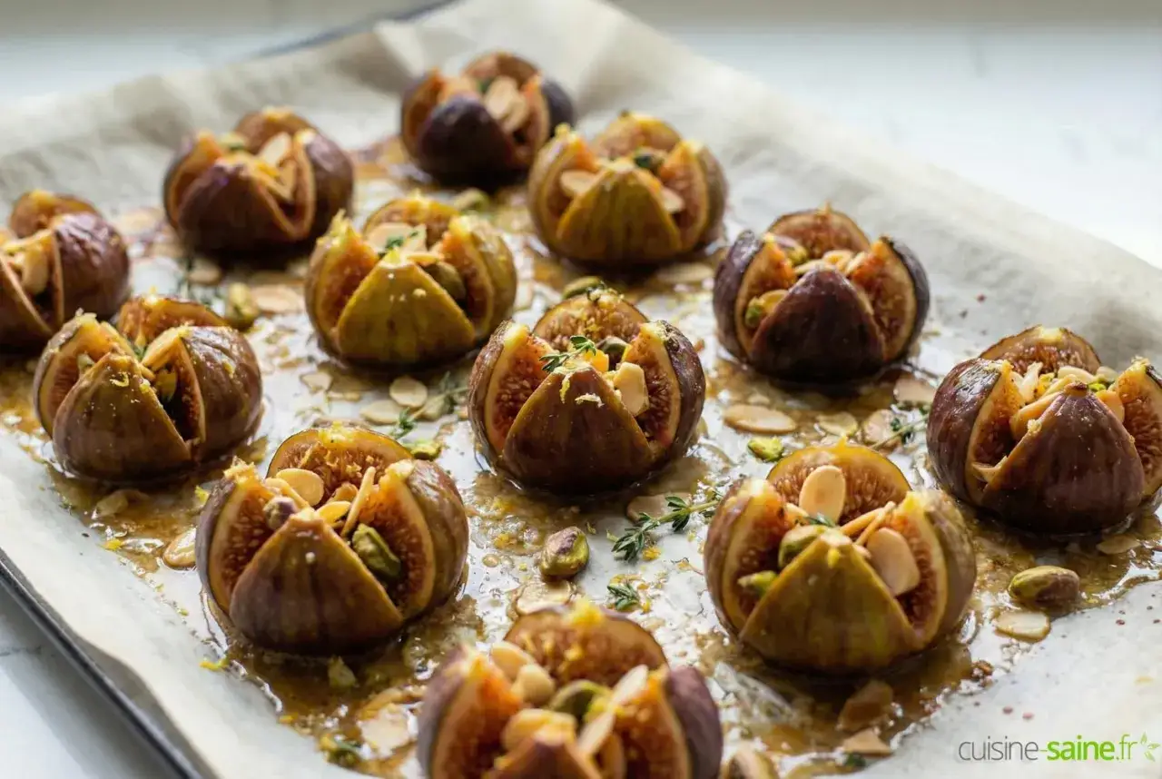 Figues coupées en quatre, garnies d'amandes et de pistaches, prêtes à sécher au four. Un délice sucré et croquant.