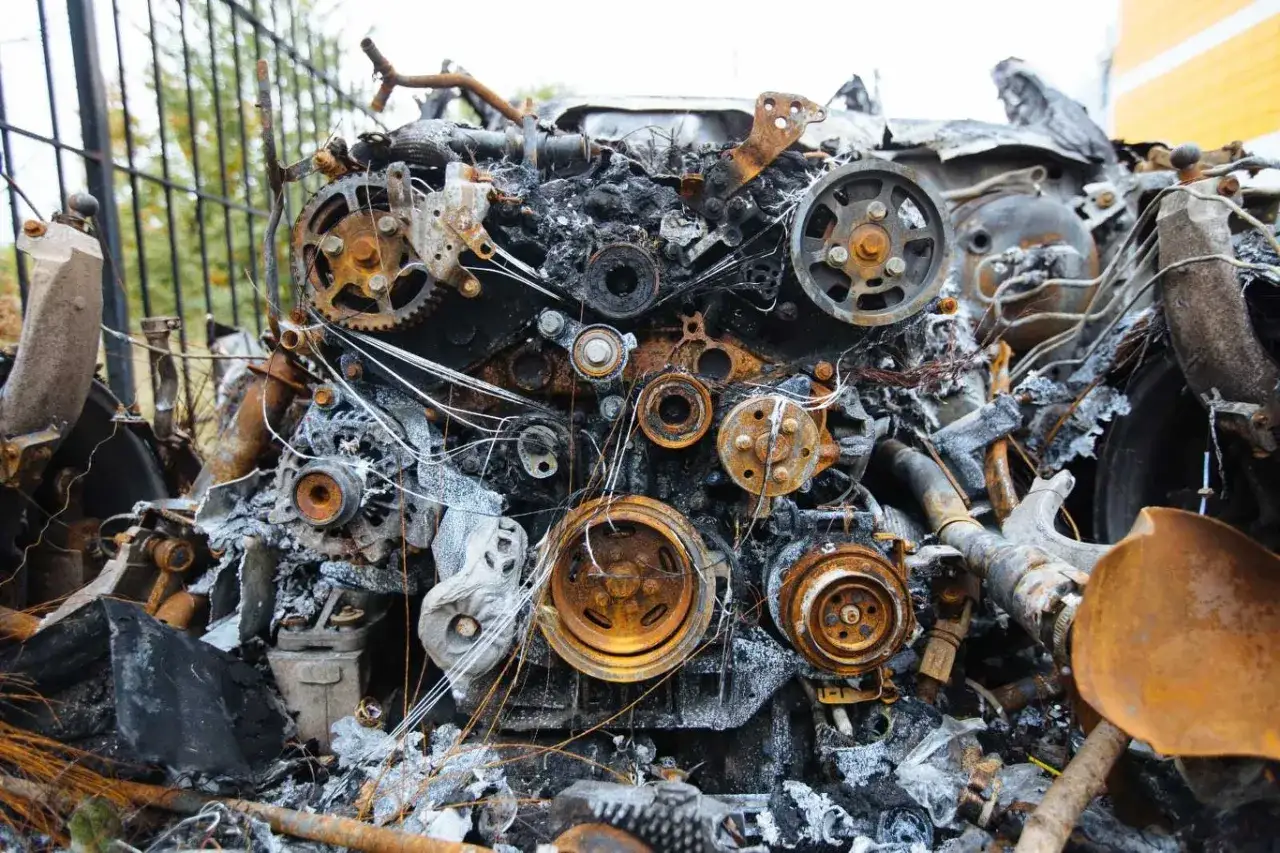 Spalony, zardzewiały silnik diesla, z widocznymi kołami pasowymi i przewodami. Wygląda jak po ciężkim pożarze, prawdziwy rozbiegany diesel.