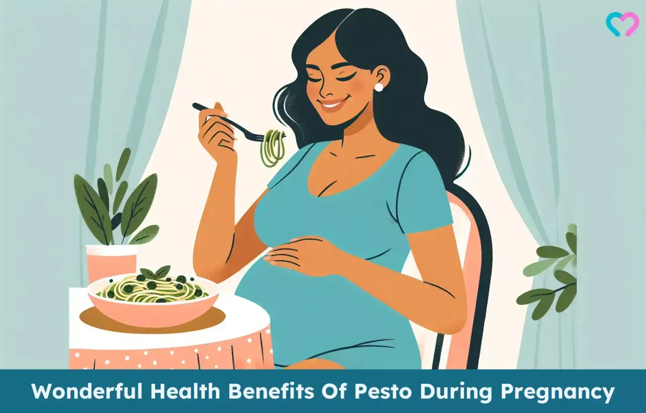 Gravid kvinna njuter av en tallrik pasta med pesto, en hälsosam måltid under graviditeten.