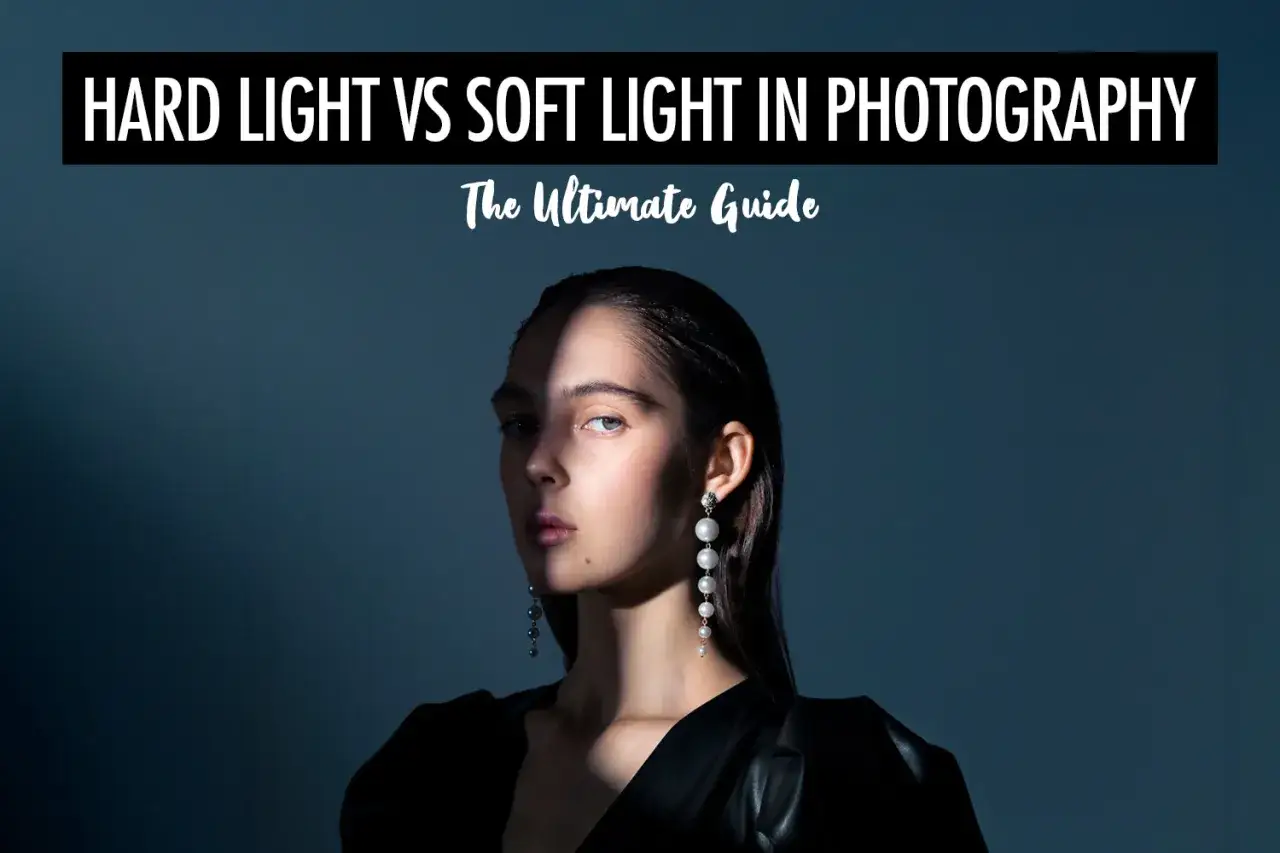 A woman's face is dramatically lit, showcasing the contrast between harsh vs soft lighting. The text 
