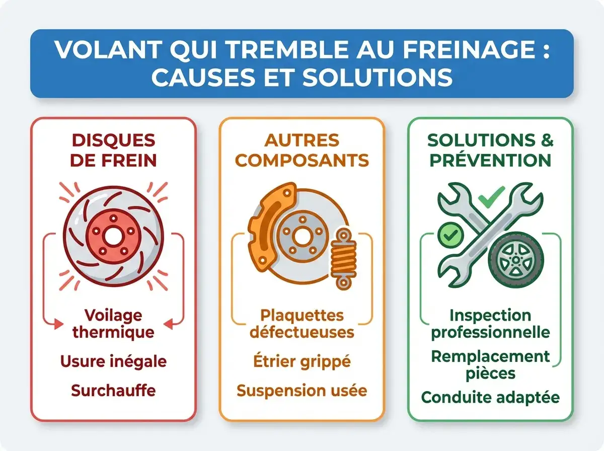 Illustration expliquant les causes du volant qui tremble au freinage : voilage, usure, surchauffe des disques, plaquettes défectueuses, étrier grippé, suspension usée. Solutions : inspection, remplacement, conduite adaptée.