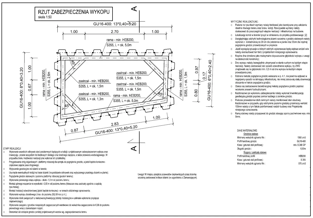 Rzut zabezpieczenia wykopu z zaznaczonymi **ściankami szczelnymi** wykonanymi z grodzic stalowych i stalowych rozpór.