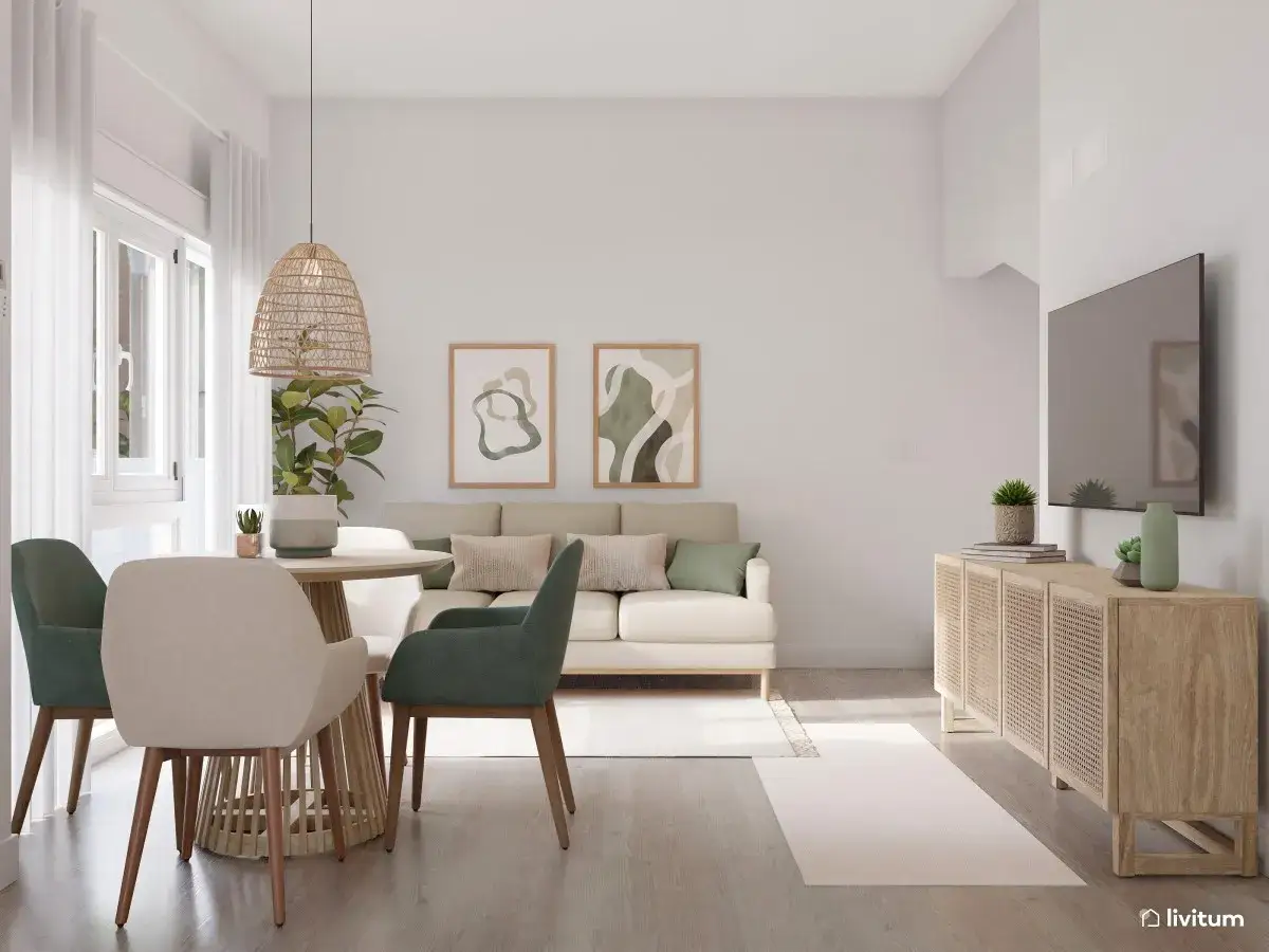 Comedor y sala de estar modernos con sillas verdes como color acento. Sofá beige, mesa de madera y mueble de TV.