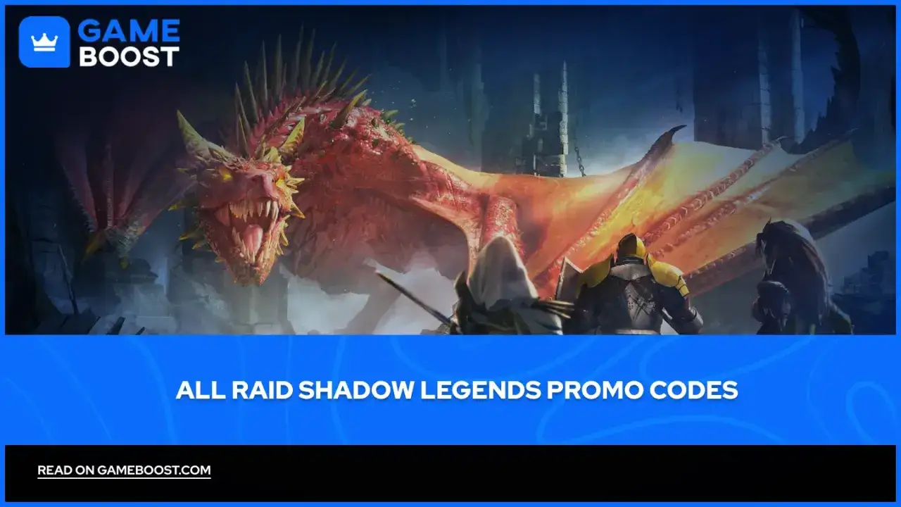 Smok w grze Raid Shadow Legends, obok bohater&oacute;w. Znajdź kody do Raid Shadow Legends na Gameboost.com.