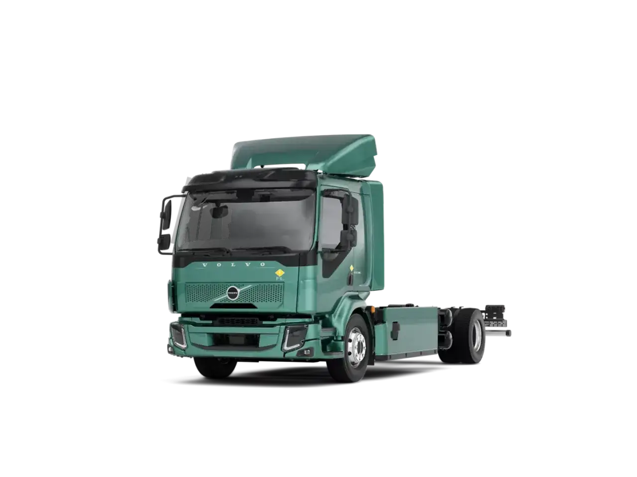 Zielony Volvo FL, elektryczny pojazd ciężarowy, gotowy do pracy.