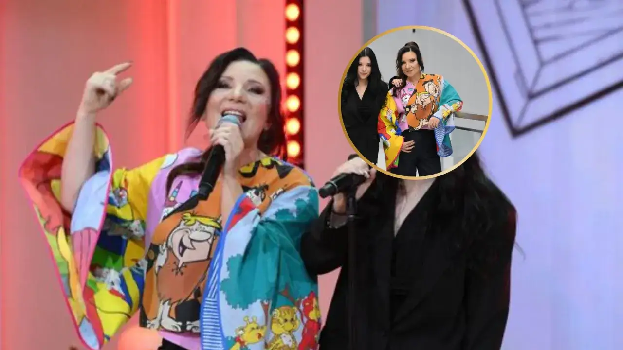Magda Femme w kolorowej kurtce z postaciami z kreskówek, obok niej druga kobieta. W okręgu widać też Magdę z dziećmi.