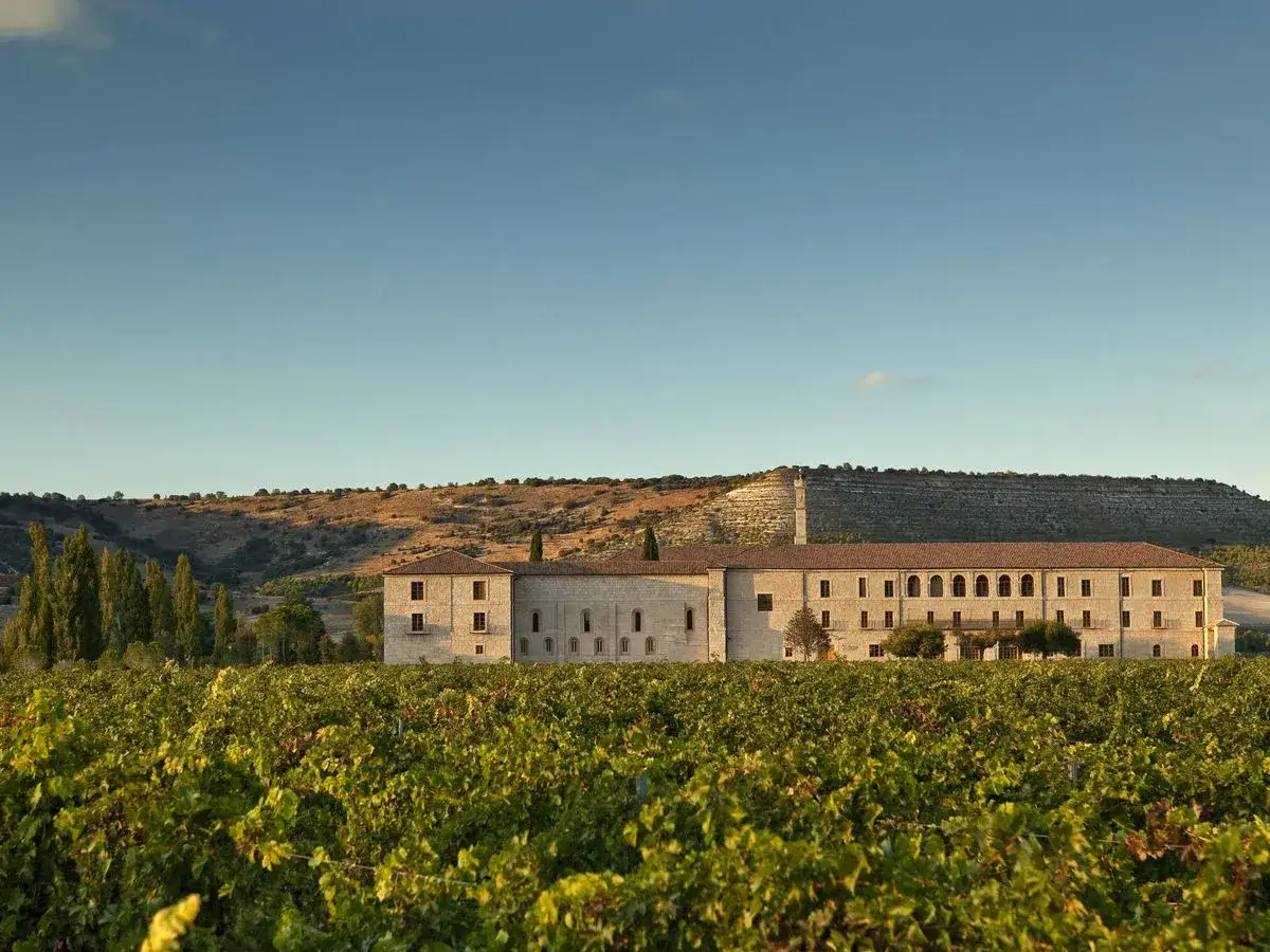 Finca Los Aljibes, un edificio histórico rodeado de viñedos bajo un cielo azul.