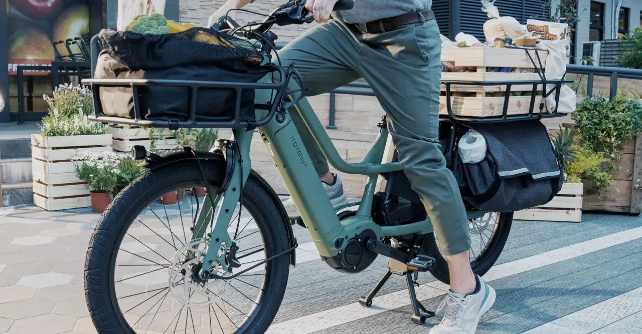 A person rides a green cargo bike loaded with groceries, showcasing its practicality for errands.