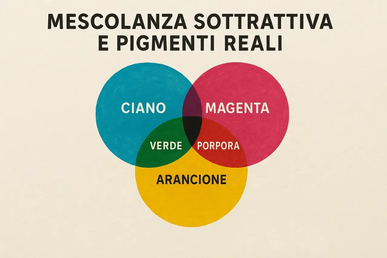 Diagramma di Venn con cerchi ciano, magenta e giallo che illustra i colori primari sottrattivi e le loro mescolanze: verde, porpora e arancione.