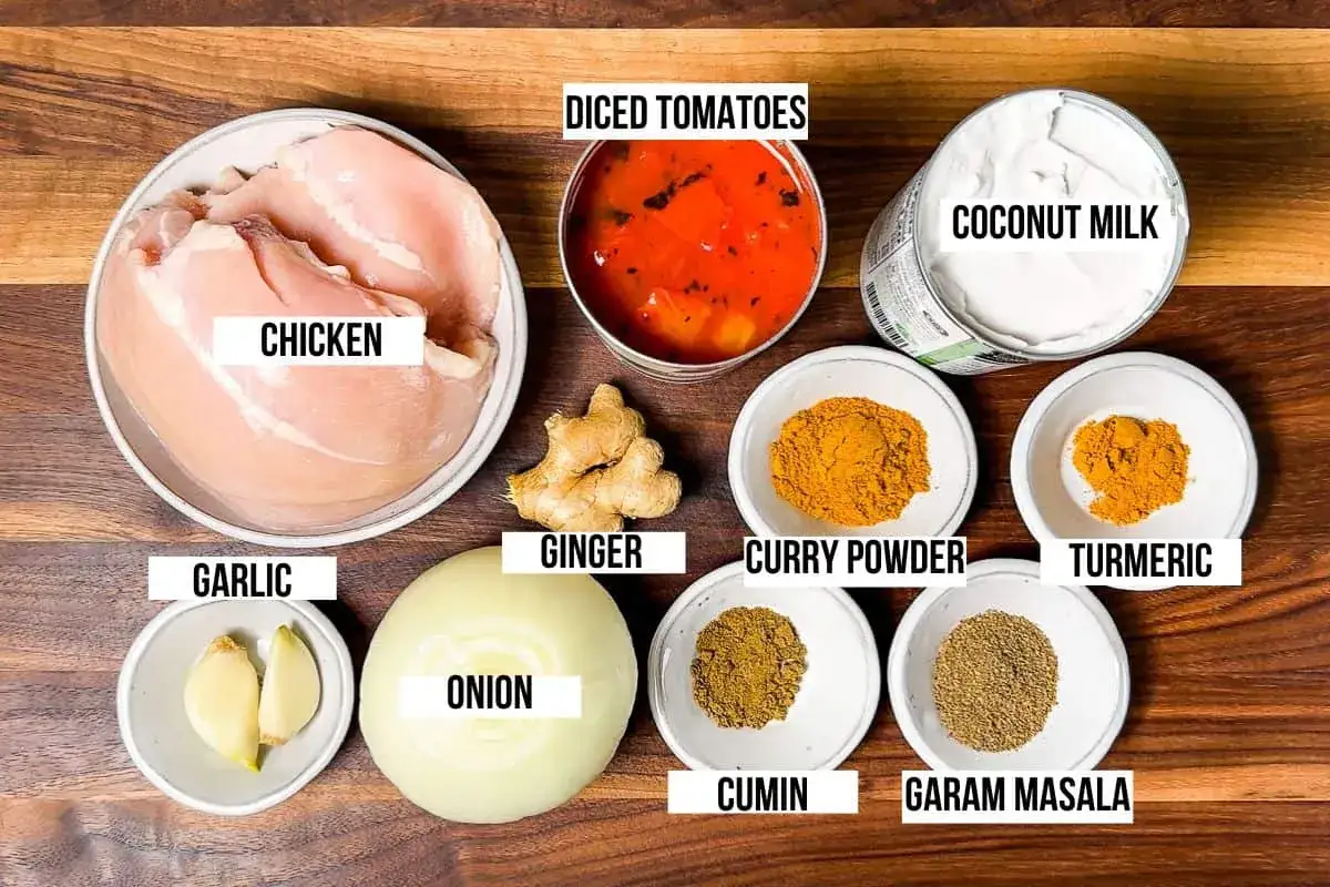 Zutaten für ein leckeres Curry-Rezept: Hähnchen, Kokosmilch, Tomaten, Zwiebel, Knoblauch, Ingwer und Gewürze wie Currypulver, Kurkuma, Kreuzkümmel und Garam Masala.