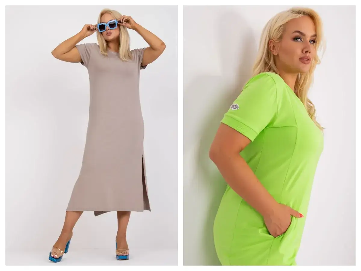 Dwie modelki prezentują stylowe sukienki letnie dla puszystych: beżową maxi z rozcięciem i limonkową z kieszeniami.
