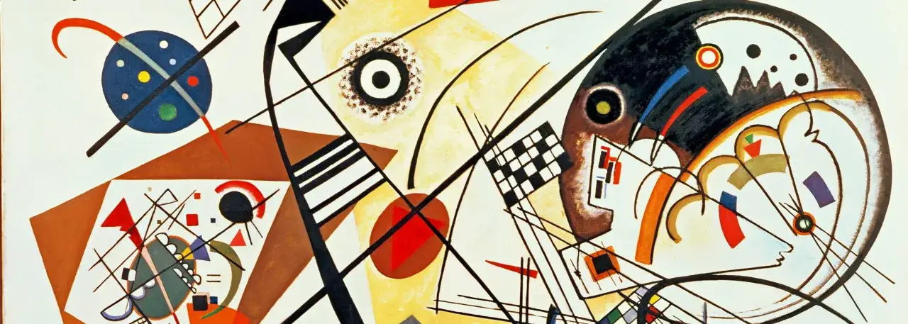 &OElig;uvres d'art de Vassily Kandinsky : une explosion de formes g&eacute;om&eacute;triques et de couleurs vives, avec des cercles, des lignes et des triangles dansant sur la toile.