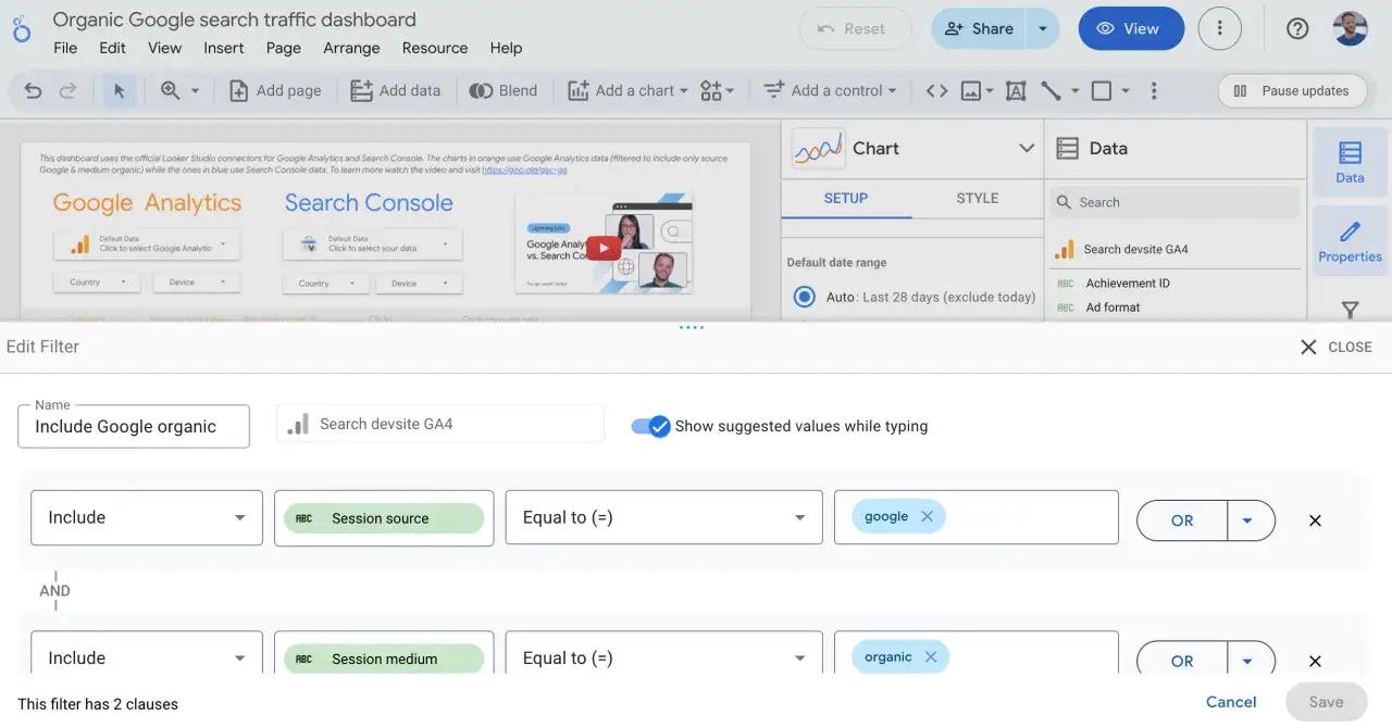 Filter f&uuml;r organischen Google Traffic: Session-Quelle ist 