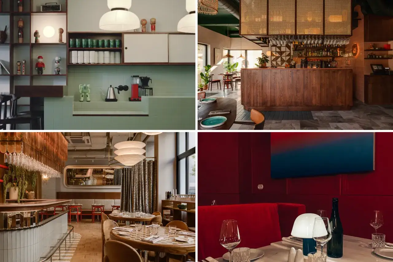 Wnętrza restauracji i kawiarni. Widać stoliki, bar, półki z dekoracjami i naczyniami. To właśnie takie miejsca nazywamy bistro.