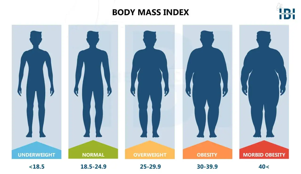 Siluetas humanas ilustran la diferencia entre sobrepeso y obesidad, mostrando categorías de bajo peso, normal, sobrepeso, obesidad y obesidad mórbida según el IMC.