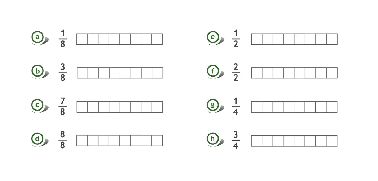 Przykłady ułamków zwykłych: 1/8, 3/8, 7/8, 8/8, 1/2, 2/2, 1/4, 3/4.