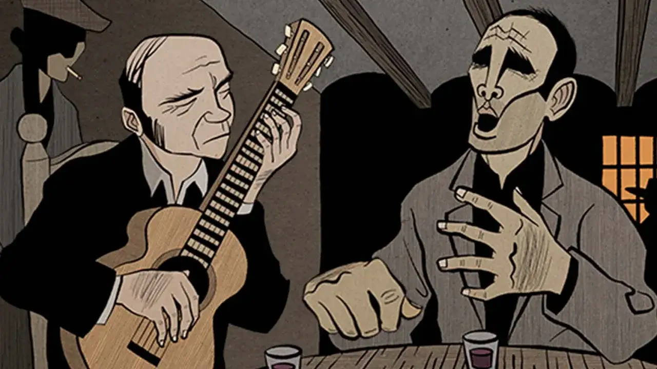 Ilustraci&oacute;n de Lorca y el flamenco. Un hombre toca la guitarra mientras otro canta con pasi&oacute;n, evocando la esencia del arte andaluz.