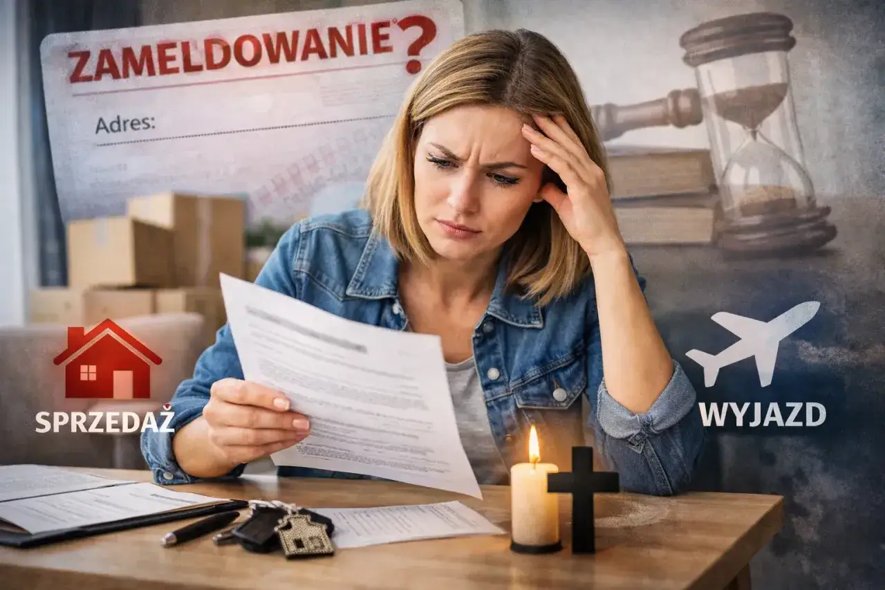 Zmartwiona kobieta analizuje dokumenty. Czy osoba zameldowana ma prawo do mieszkania, gdy planuje sprzedaż lub wyjazd?