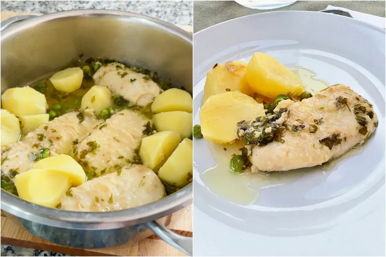 Merluza con guisantes y patatas, un plato casero y delicioso.