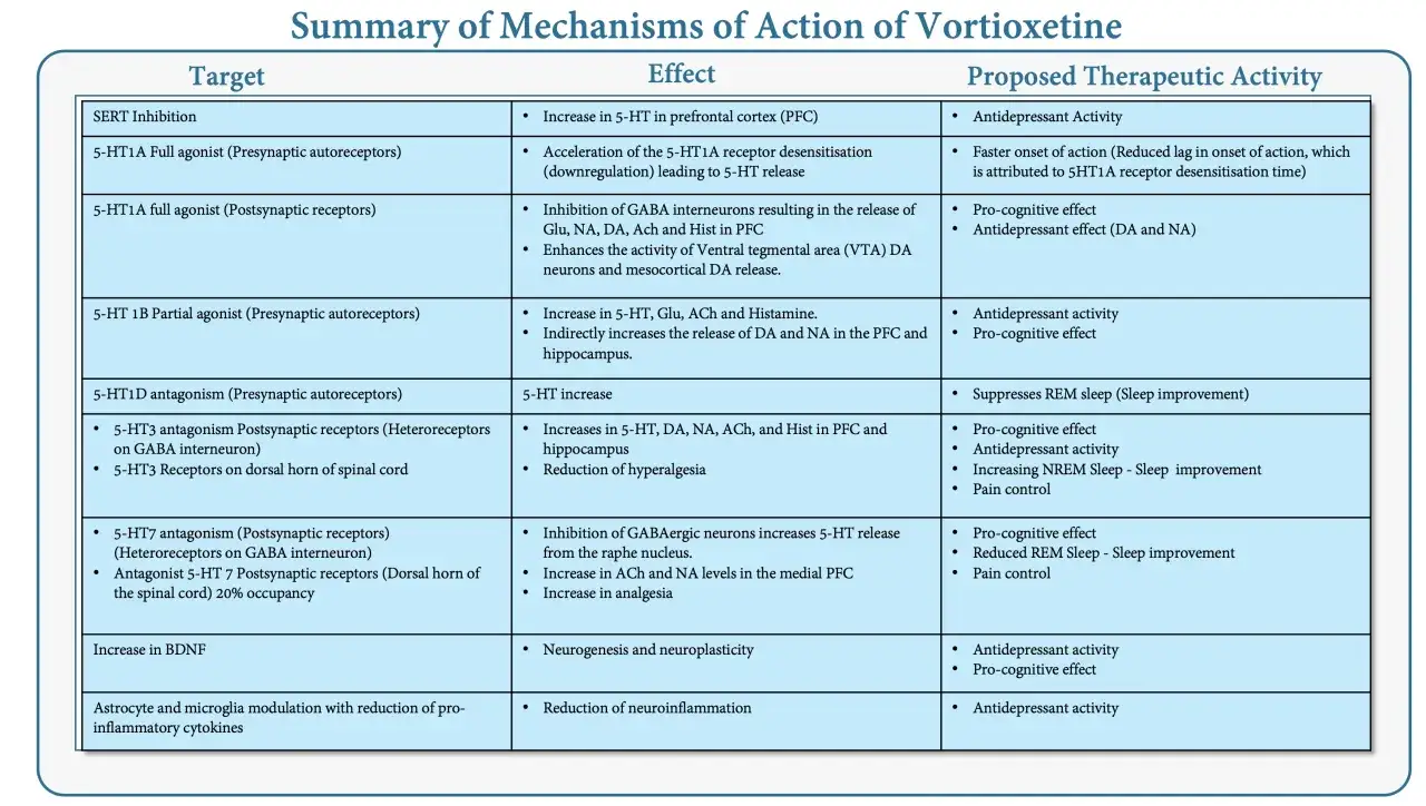 Tabell som visar hur vortioxetin verkar, inklusive dess brintellix ssri-effekter som antidepressiv och kognitiv förbättring.