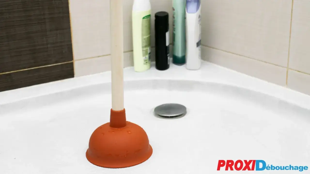 Ventouse orange dans une douche, pr&ecirc;te &agrave; intervenir pour comment d&eacute;boucher douche. Des bouteilles de shampoing sont visibles en arri&egrave;re-plan.
