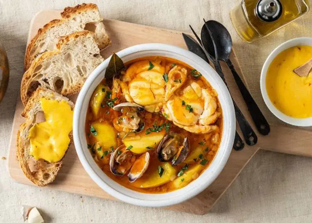 Sopa bullabesa, un plato con origen en Marsella, Francia, servido con patatas, mariscos y pan tostado.