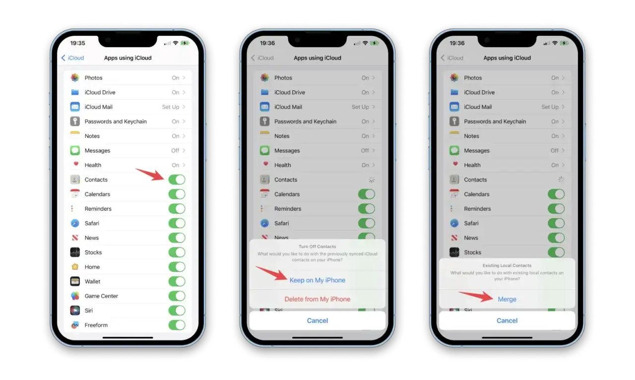 Inställningar för kontakter borta iPhone. Välj att behålla eller radera kontakter vid avstängning av iCloud-synkronisering.