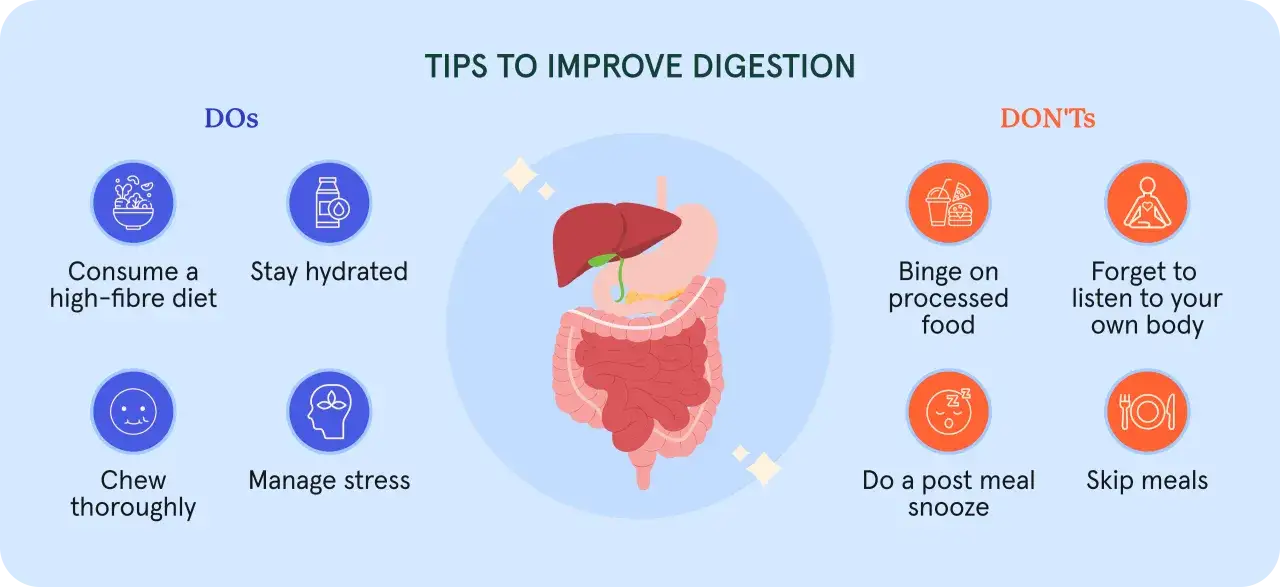 Consigli per migliorare la digestione: mangia fibre, bevi acqua, mastica bene, gestisci lo stress per digerire velocemente. Evita cibi processati, sonnellini post-pasto e salta i pasti.