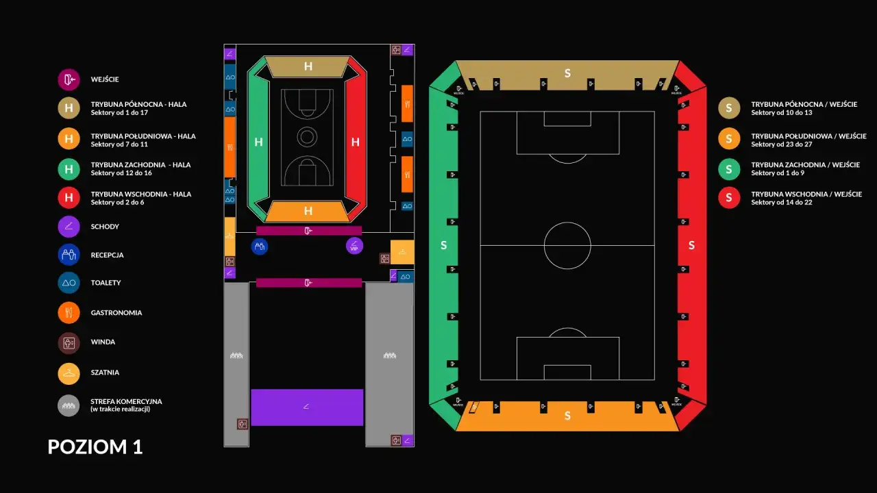Plan nowego stadionu GKS Katowice. Widok z lotu ptaka przedstawia układ trybun (H i S) oraz pomieszczeń, wskazując ich pojemność i rozmieszczenie sektorów.