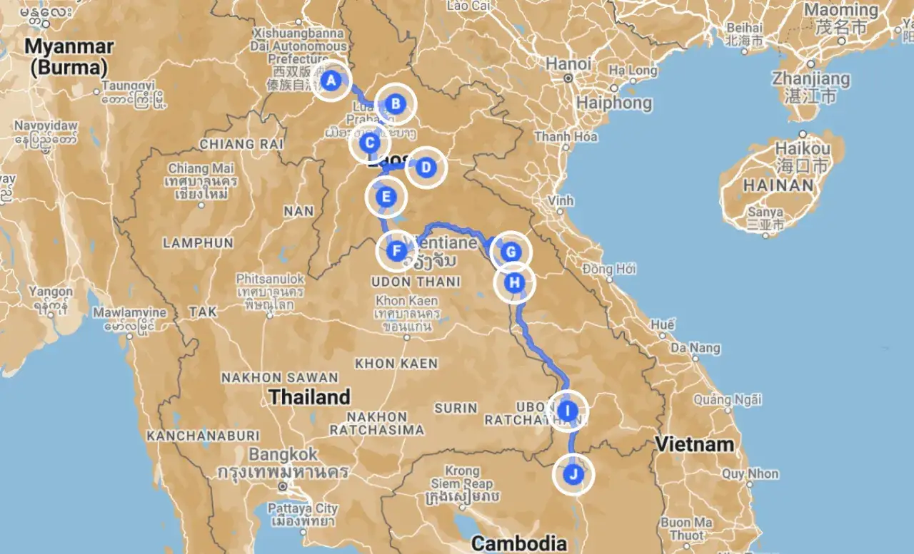 Karte zeigt eine Laos Reiseroute von Nord nach Süd, mit markierten Städten wie Luang Prabang, Vientiane und Ubon Ratchathani.