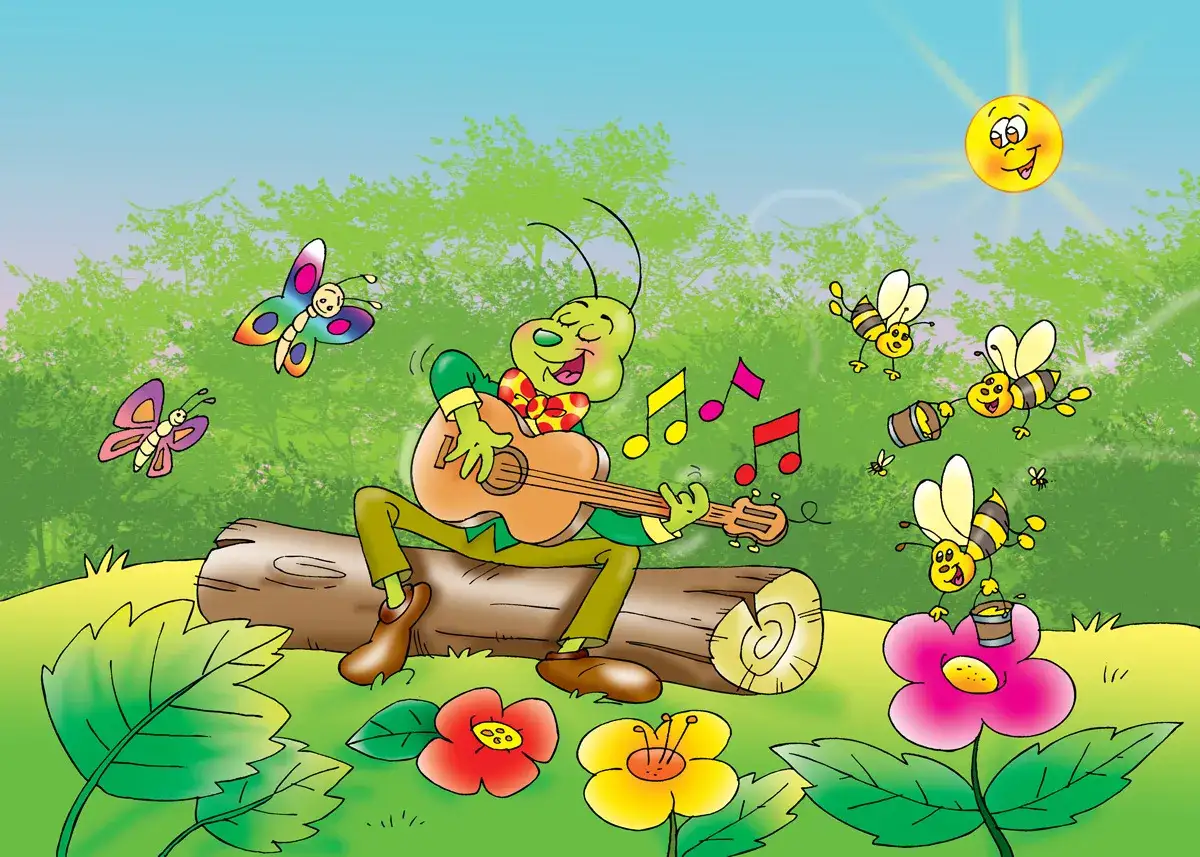 La cigarra canta y toca la guitarra mientras las abejas trabajan. Mariposas revolotean y el sol sonr&iacute;e.