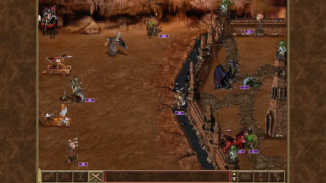 Bitwa w świecie Might and Magic: rycerz na koniu, gorgona, smok i inne potwory walczą w jaskini.