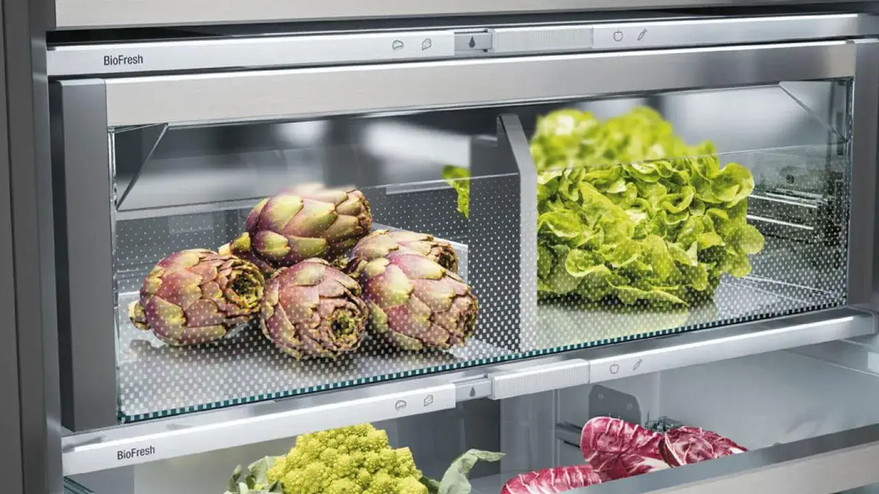 Artischocken und Salat frisch im Liebherr HydroBreeze Fach. Frische wie nach einem leichten Sommerregen.