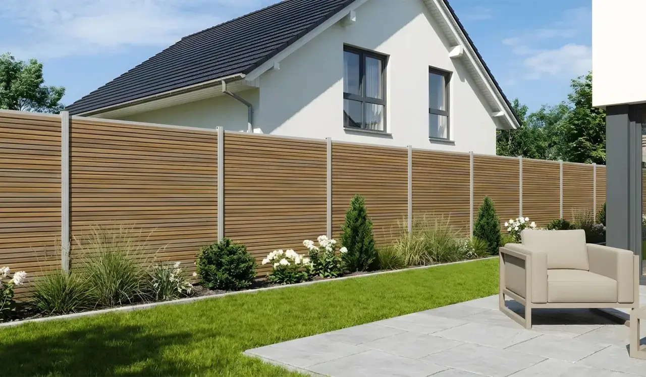 Moderner Sichtschutz aus Holzlamellen ersetzt eine alte Hecke. Ein bequemer Sessel lädt zum Entspannen im gepflegten Garten ein.
