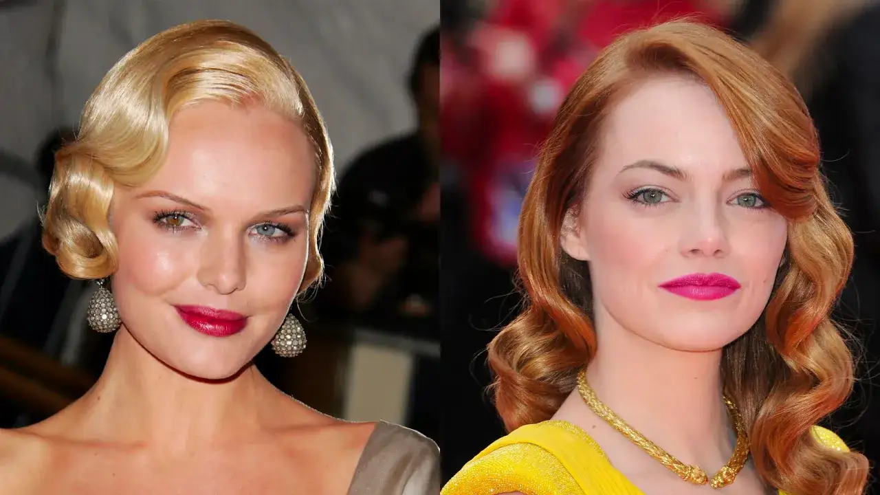 Dos mujeres con peinados años 20: una rubia con ondas marcadas y otra pelirroja con rizos elegantes.