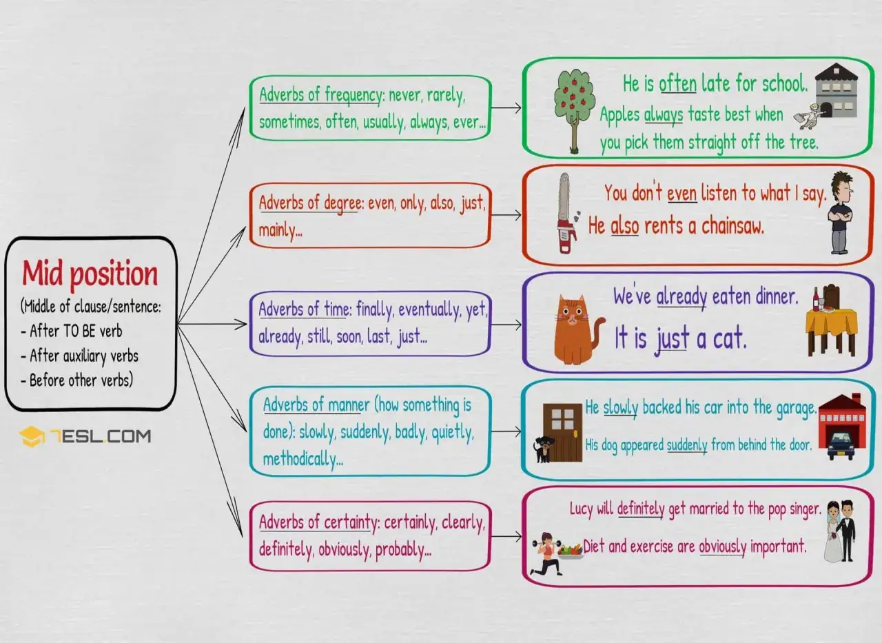 Schema su avverbi in inglese: posizione centrale, frequenza, grado, tempo, modo e certezza con esempi illustrati.