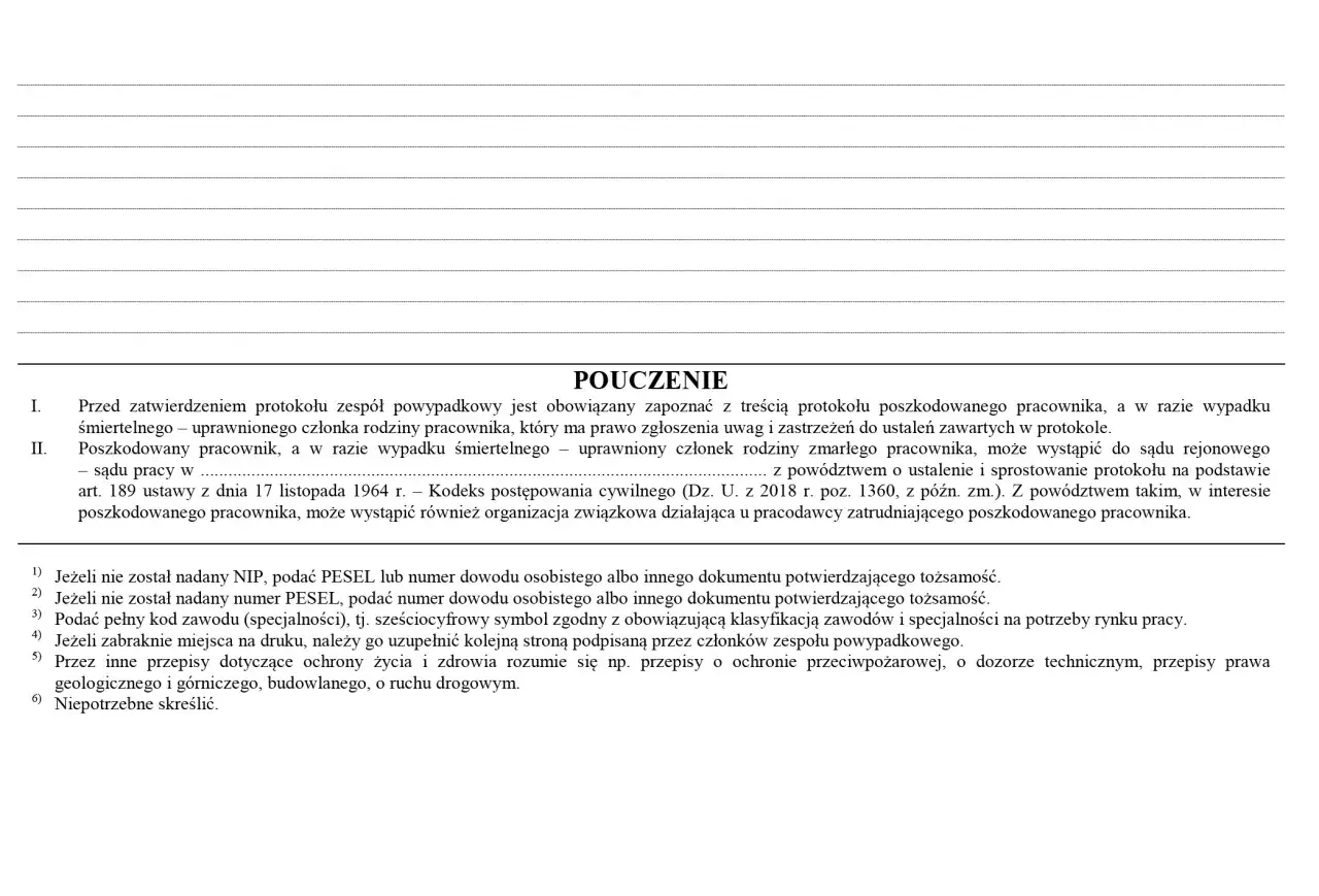 Protokół powypadkowy: pouczenie dla poszkodowanego pracownika i rodziny zmarłego. Informacje o danych identyfikacyjnych, kodzie zawodu i przepisach.