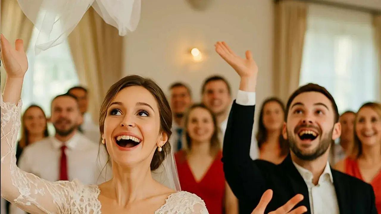 Panna młoda i pan młody rzucają welon i krawat, a goście czekają na pytania na oczepiny.