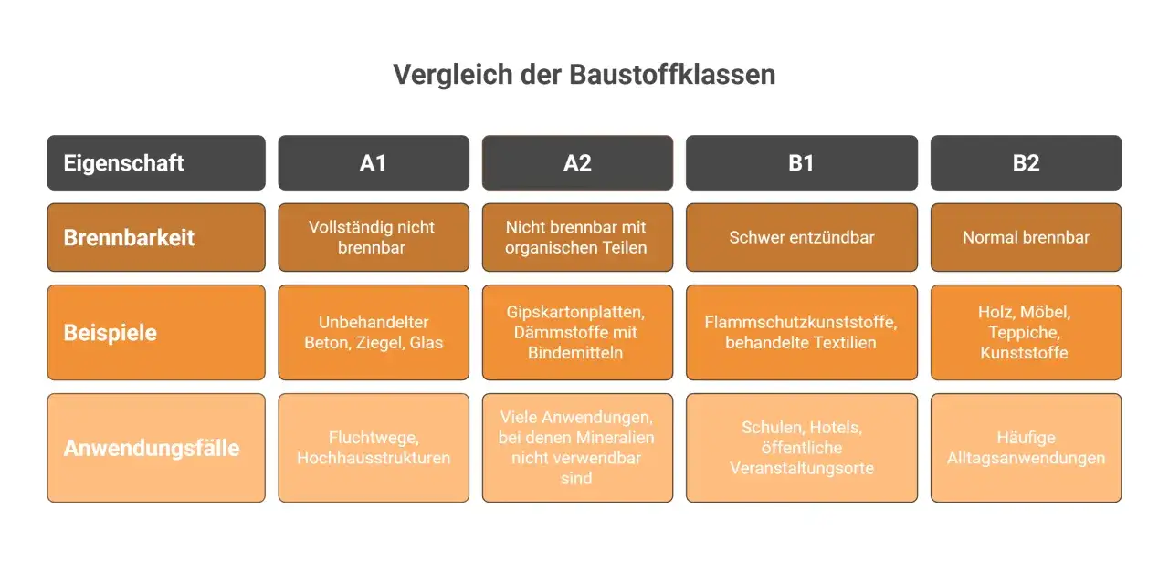 Vergleich von Baustoffklassen nach Bauproduktenverordnung 2013: A1 (nicht brennbar) bis B2 (normal brennbar) mit Beispielen und Anwendungsfällen.