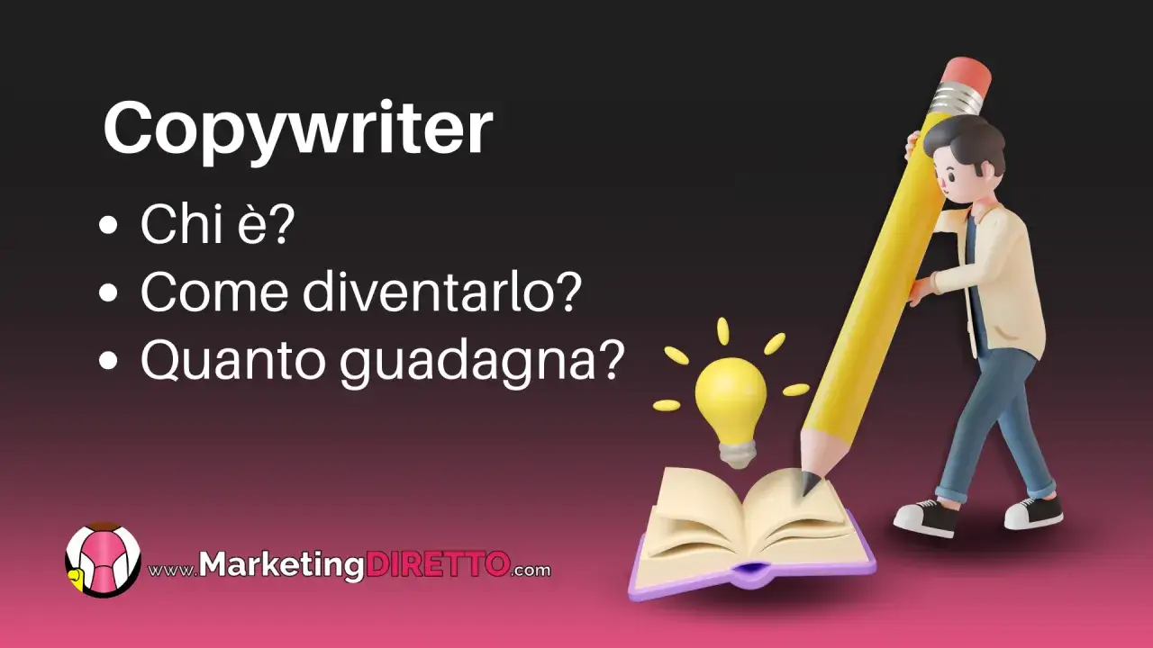 Scopri quanto guadagna un copywriter, chi è e come diventarlo. Un personaggio stilizzato scrive su un libro aperto con una matita gigante.